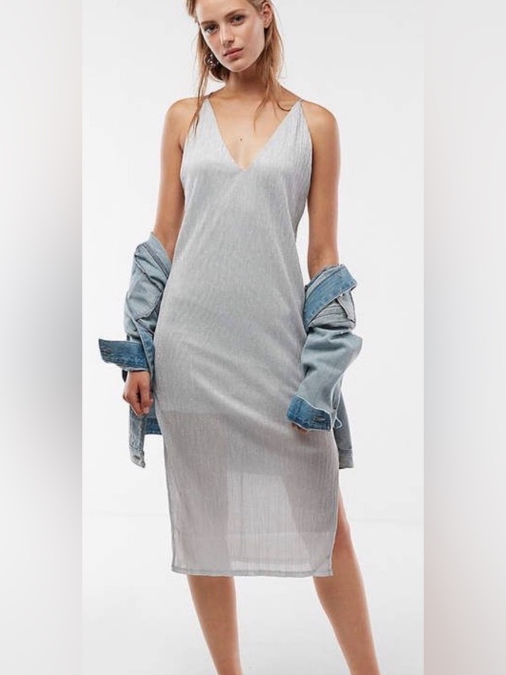 Express Silver Slip Midi Dress with V-Neck